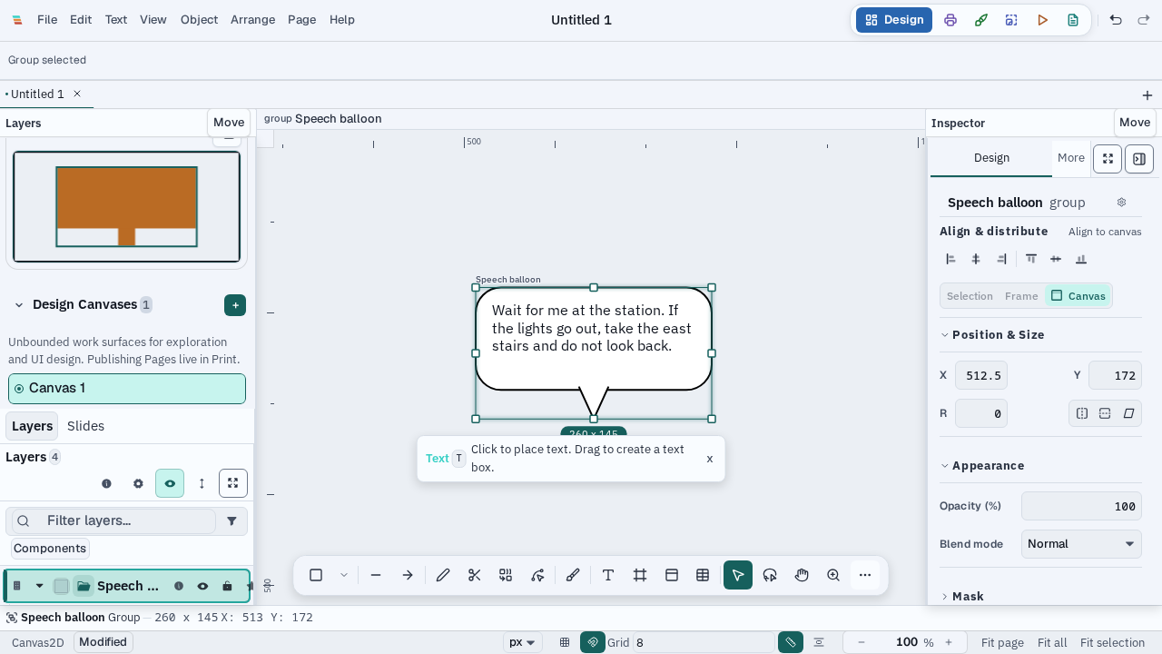 A selected speech balloon in Varve with editable dialogue and one continuous outer outline joining the body to its tail