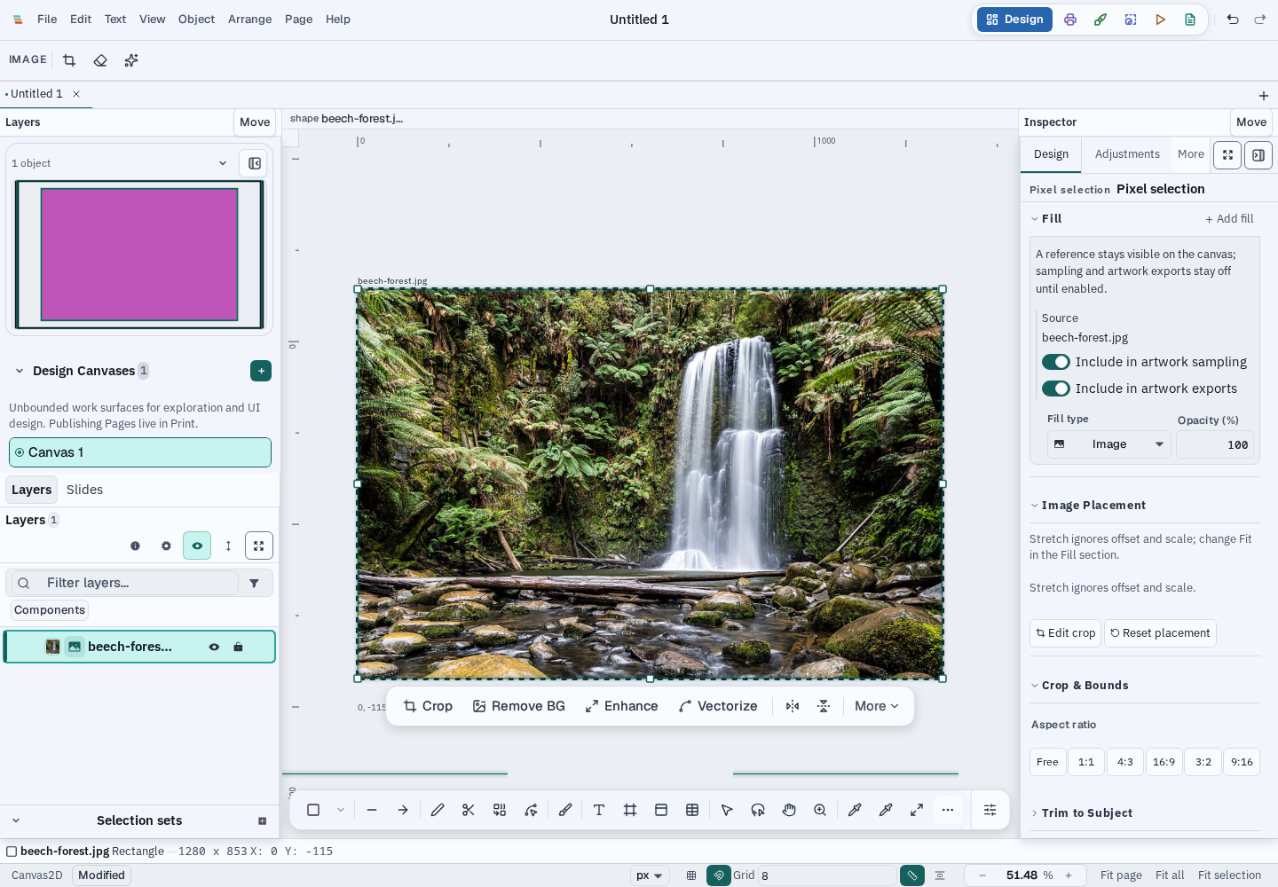 Varve Design workspace with a forest photograph selected as a concept reference and separate sampling and export switches enabled