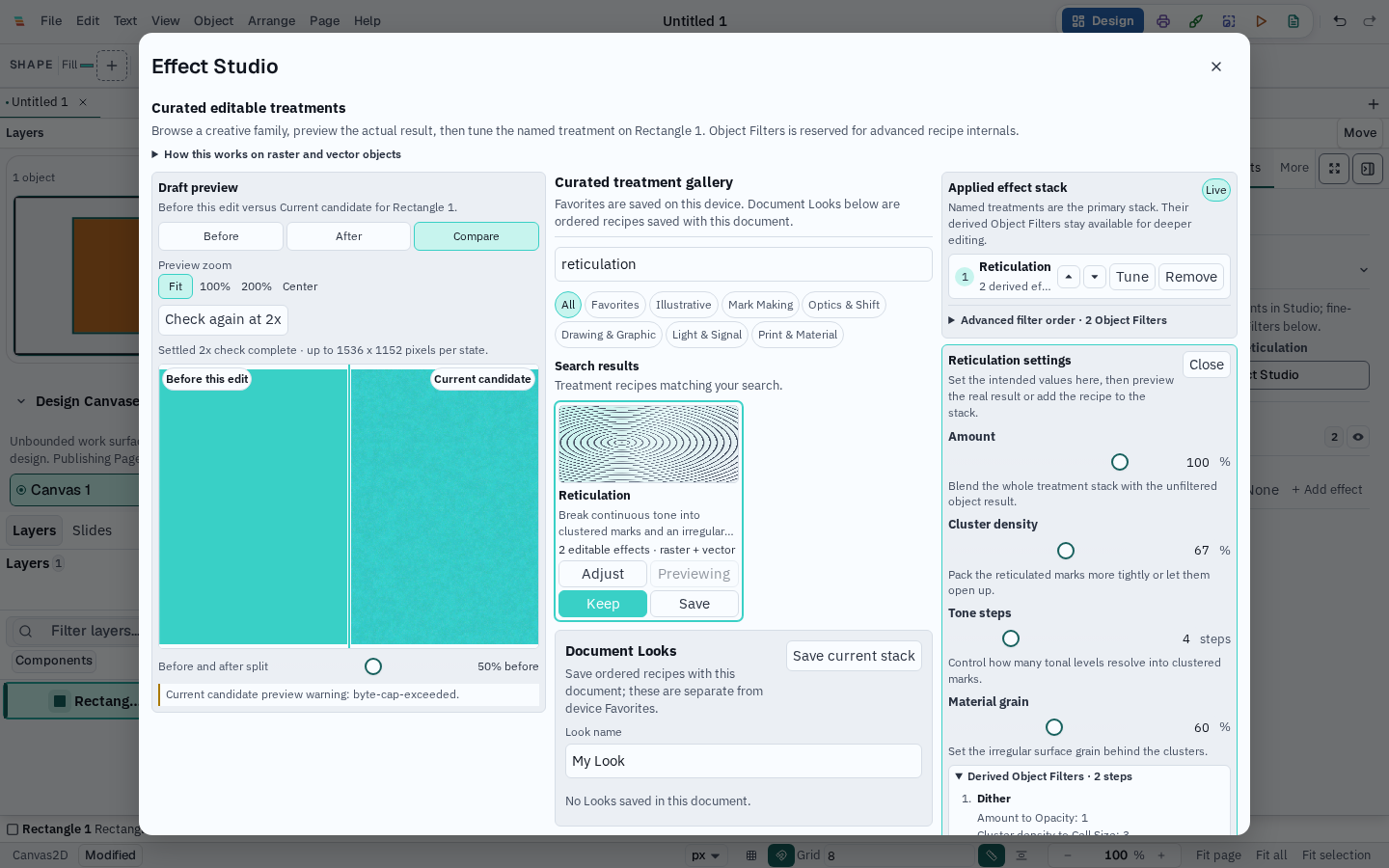 Effect Studio on a wide screen, with the treatment preview, gallery, and applied stack arranged side by side.