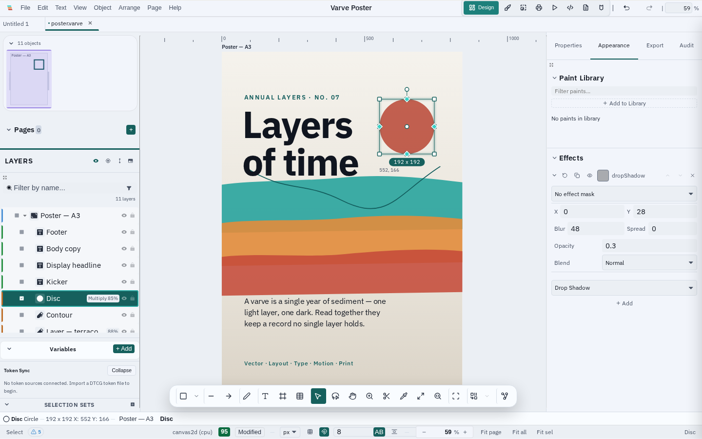 The Varve Effects inspector with a drop shadow added to the selected shape on a poster, showing offset, blur, spread, opacity and blend-mode controls