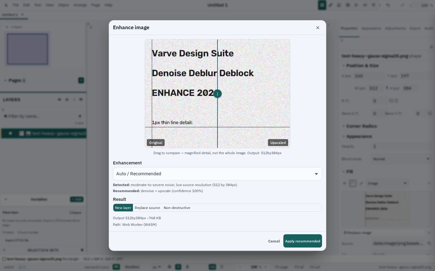 The Enhance dialog in Auto mode: it detected noise in a photographed document and recommends denoise with a confidence number, beside a before-and-after preview.