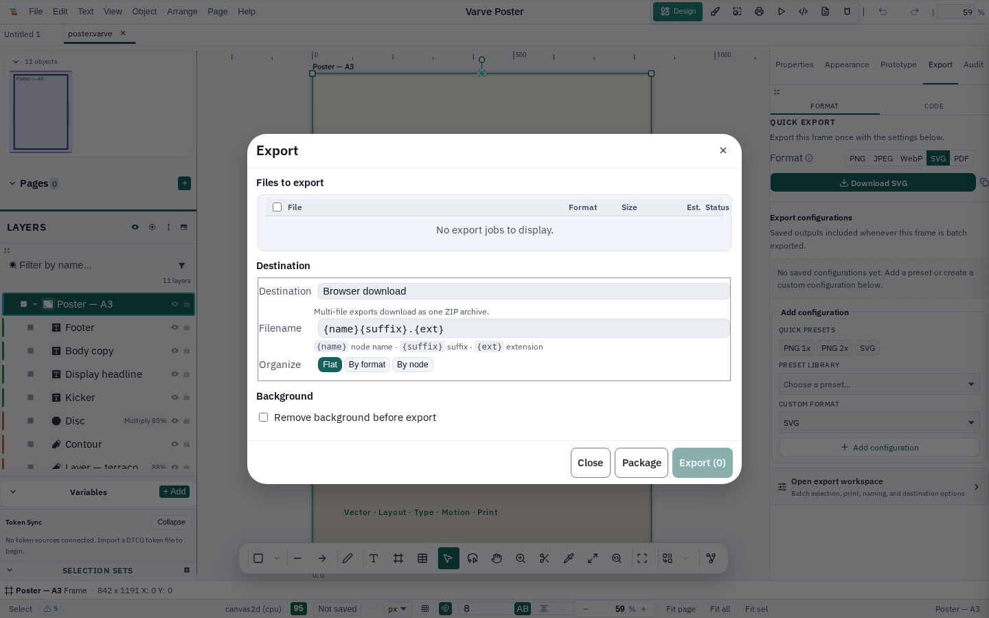 The Varve advanced export dialog showing a destination and filename template, flat/by-format/by-node organization, and format options including SVG, PNG, WebP and PDF in the adjacent Quick Export panel