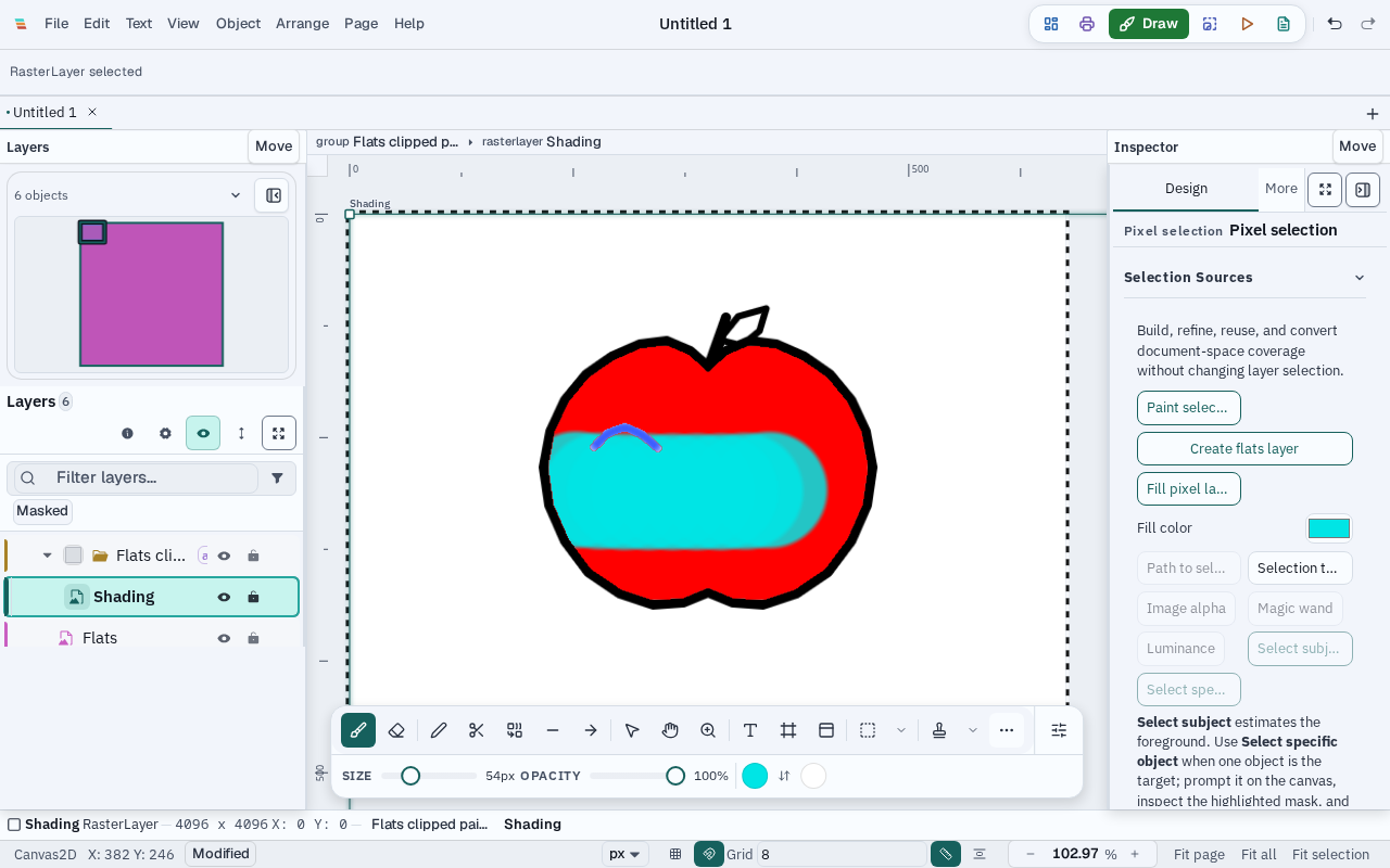 Varve Draw workspace with teal shading clipped inside red apple flats on a separate Shading layer