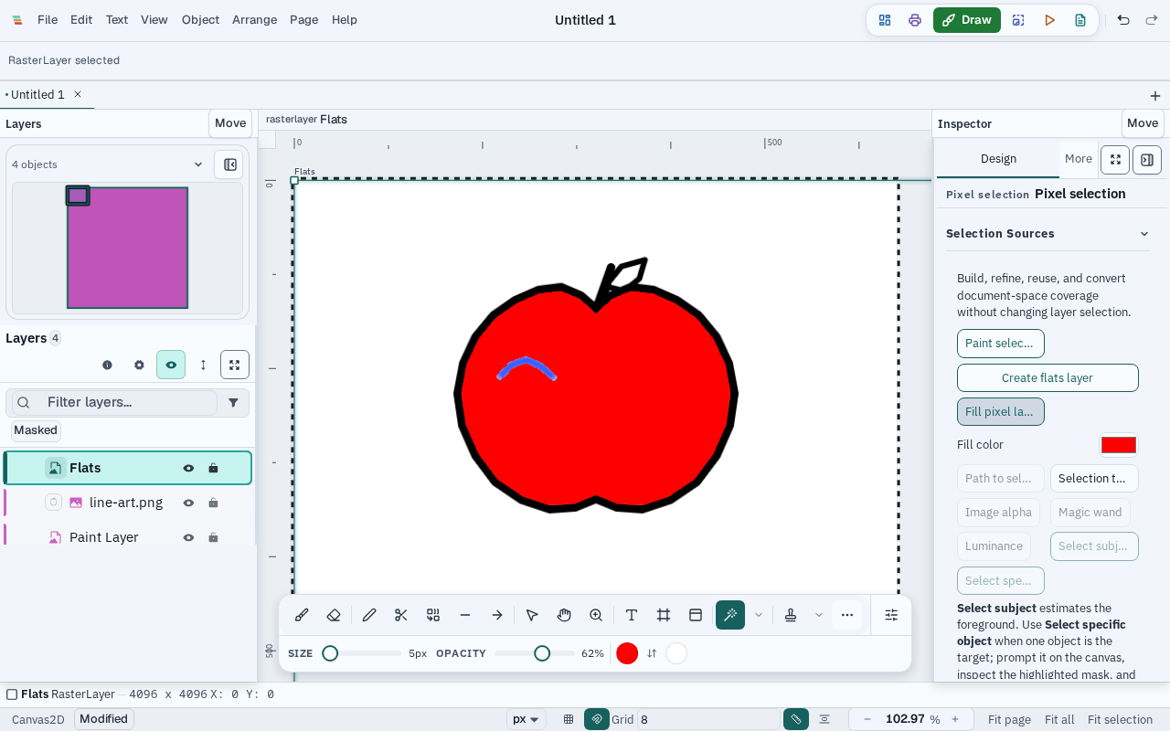 Varve showing a red apple flat beneath editable black linework on a separate Flats layer