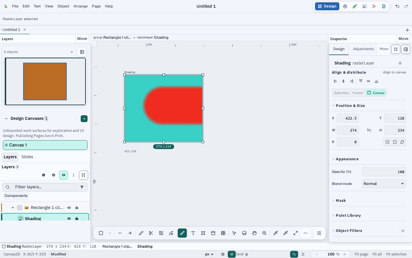 Varve Design workspace showing a red raster shading stroke clipped inside a teal vector contour