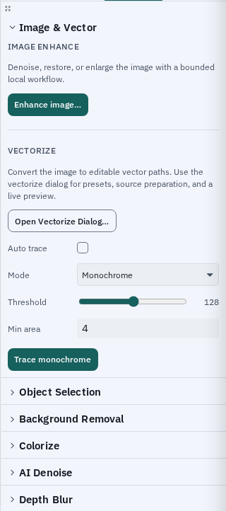 The Varve image tools inspector for a selected photo, stacking Image Enhance, Vectorize, Object Selection, Background Removal, Colorize, AI Denoise and Depth Blur sections
