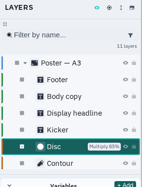 The Varve layers panel listing the poster’s named layers with blend mode and opacity badges