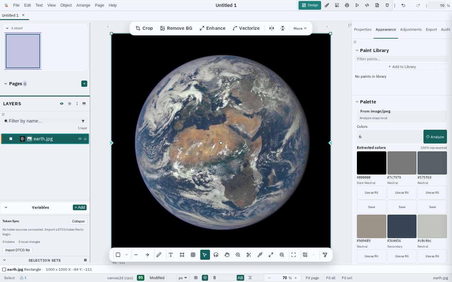 Varve showing a NASA Earth-observation photo on the canvas with the Palette Inspector open, including extracted swatches, generated harmonies, and WCAG contrast pairs