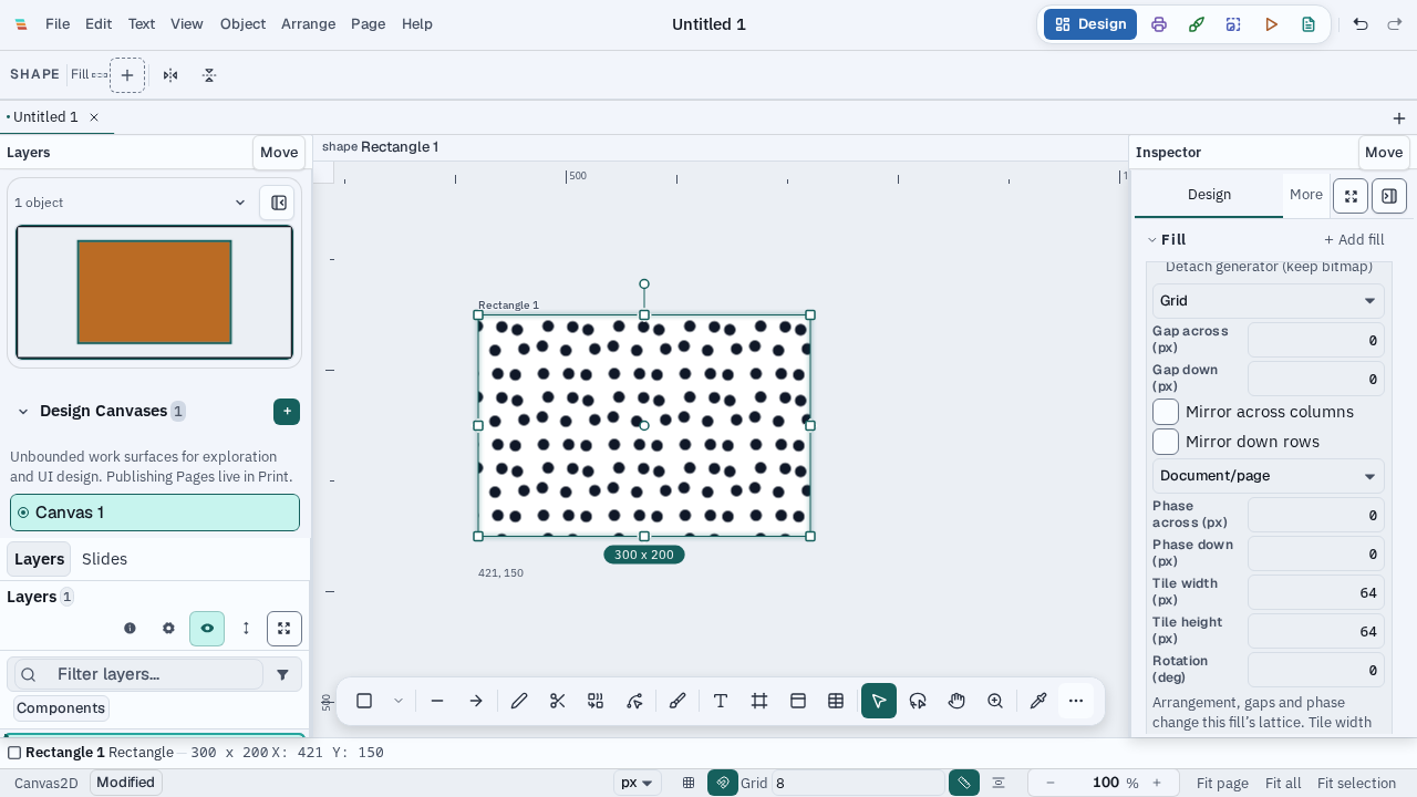 A reusable dotted vector pattern applied to a selected shape, with repeat and document-alignment controls visible in the inspector