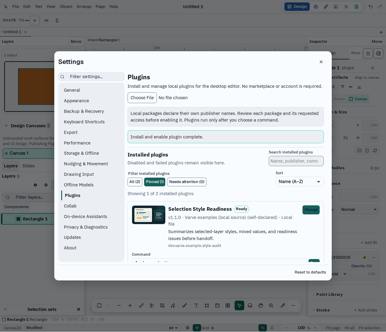 Varve's plugin manager showing accessible package artwork, searchable descriptions, pinned plugins, and alphabetical results