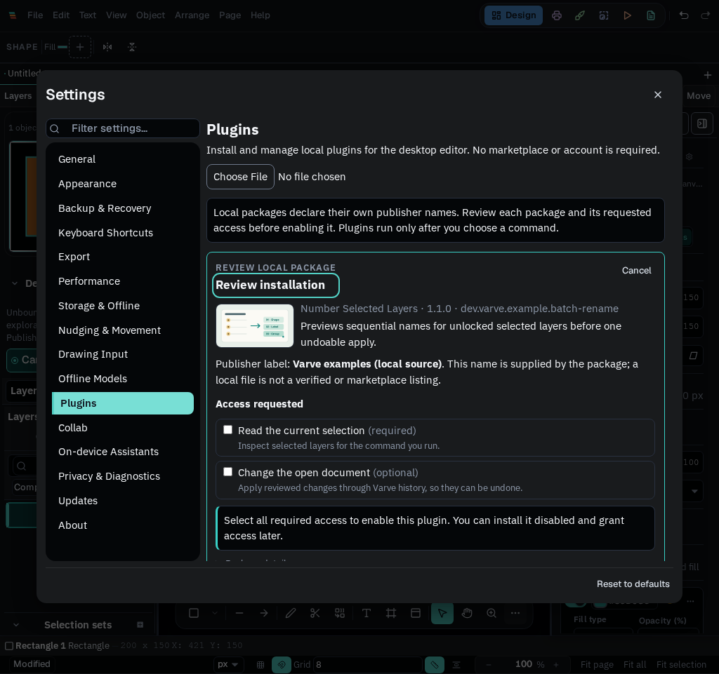 Varve plugin manager showing required selection read and optional document write access