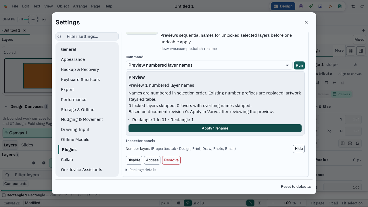 Varve plugin manager showing a reviewed layer-name proposal before Apply