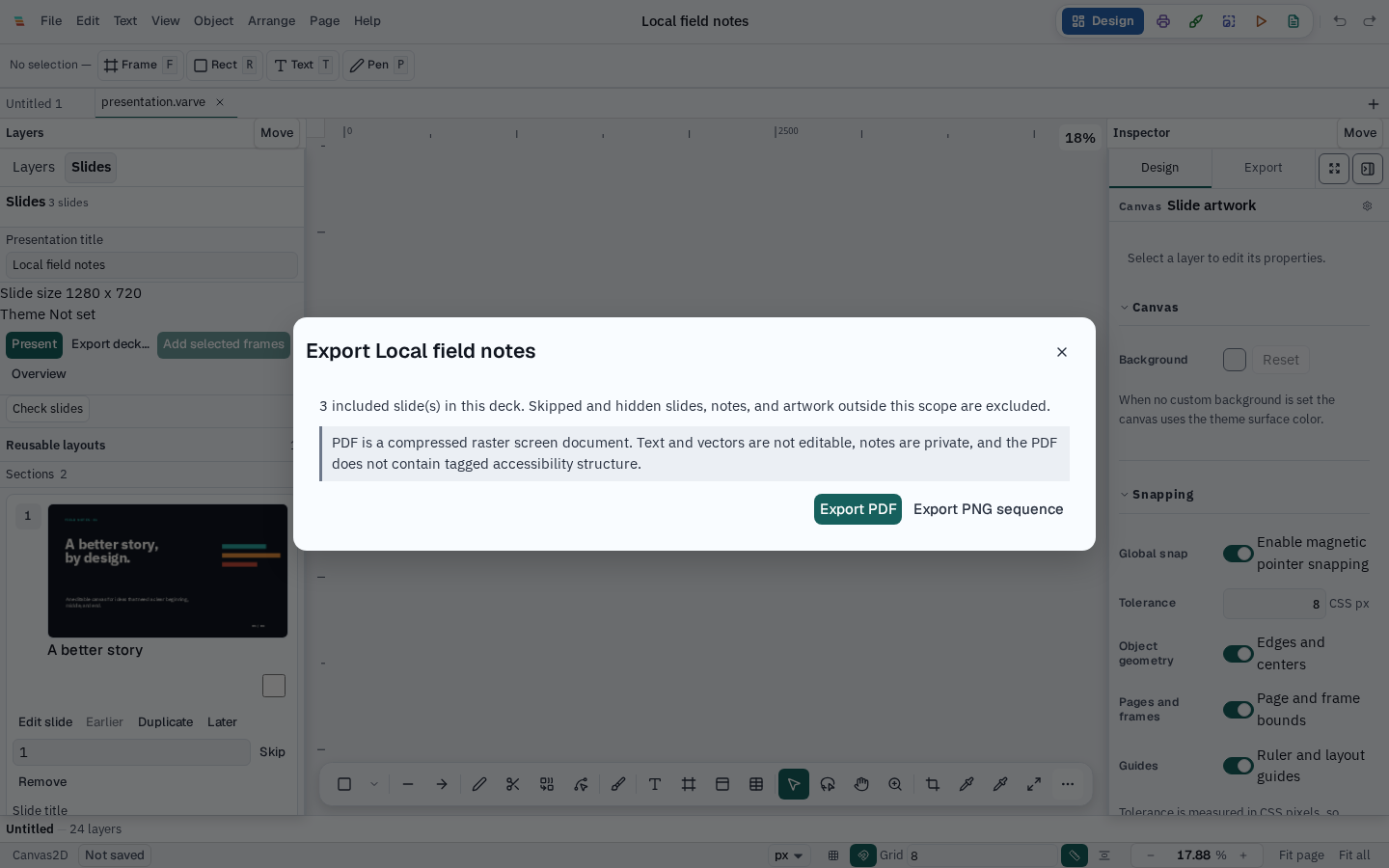 Varve presentation export dialog showing raster PDF and ordered PNG sequence output options