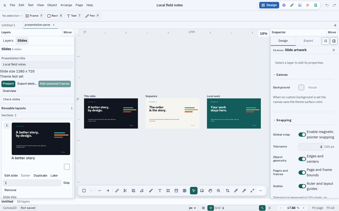 Varve Design showing an ordered three-slide presentation in the Slides navigator beside the editable canvas