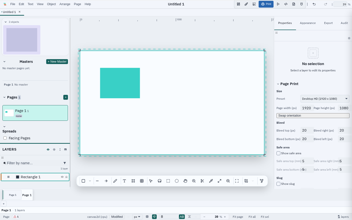 The default page on the Varve canvas with a dashed bleed guide beyond the trim edge and the Page Print inspector showing per-edge bleed values