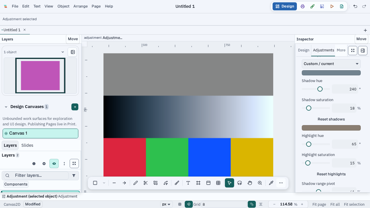 Split Toning shadow and highlight controls beside a synthetic neutral ramp and color reference in Varve