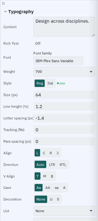 The Varve properties inspector showing typography controls: font family, weight, size, line height and letter spacing