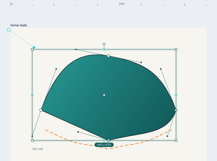 A curved vector shape in Varve with its anchor points and Bézier handles shown in node editing mode