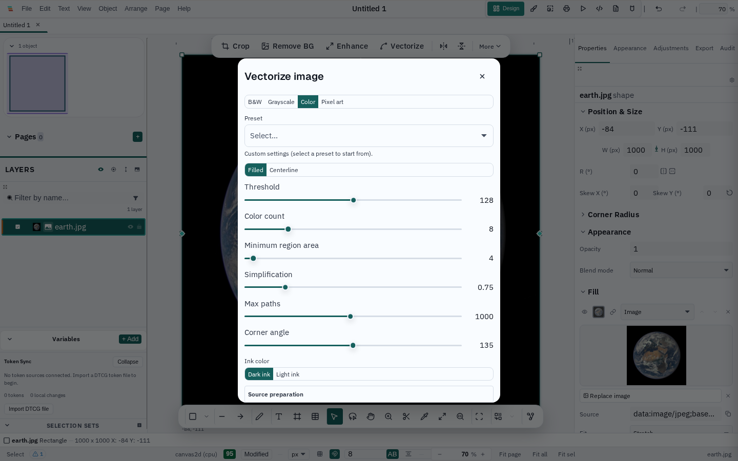 The Varve Vectorize dialog tracing an imported photo into editable vector paths, with mode, colour count and path-fitting controls