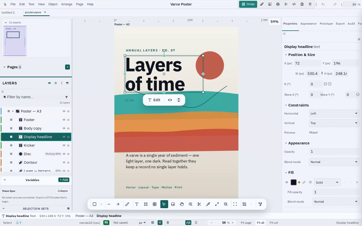 Still frame of the Varve editor with the demo poster document fitted in the workspace