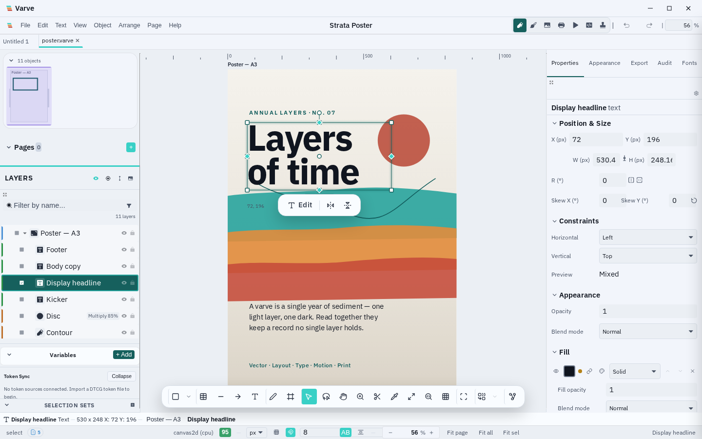 The Varve workspace: a poster document on the canvas with the layers panel on the left and the properties inspector on the right