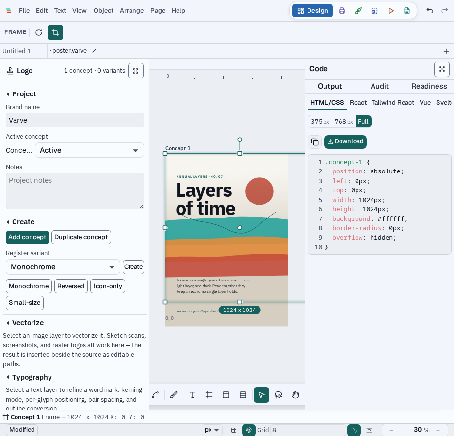 The Design workspace with Logo project controls and generated Code output open beside the same poster document